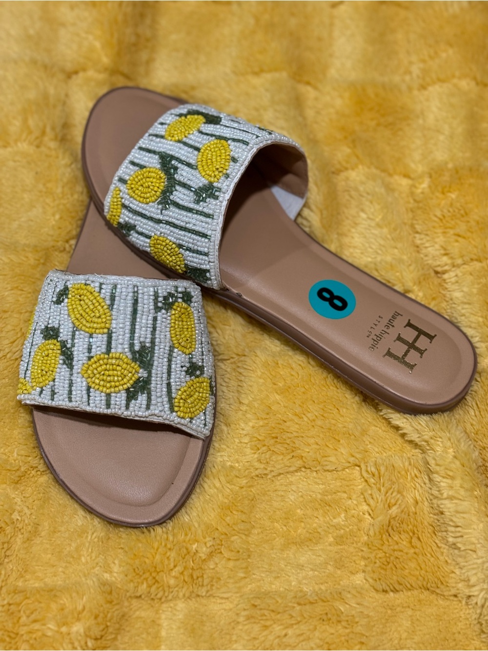 Haute Hippie Beaded Lemon Motif Slide Sandals - Yellow/White/Tan
